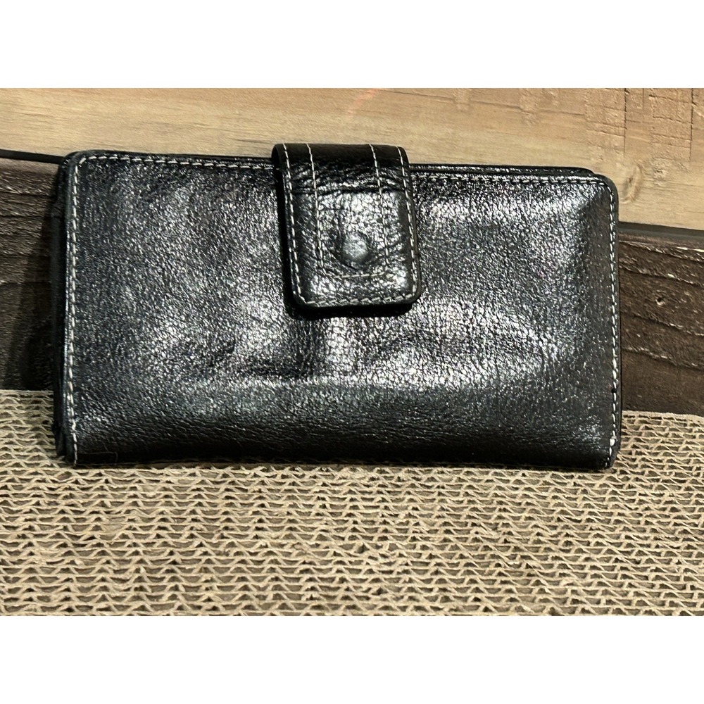Fossil Trifold Wallet Womens Black Leather Checkbook Pen Holder Change Cards